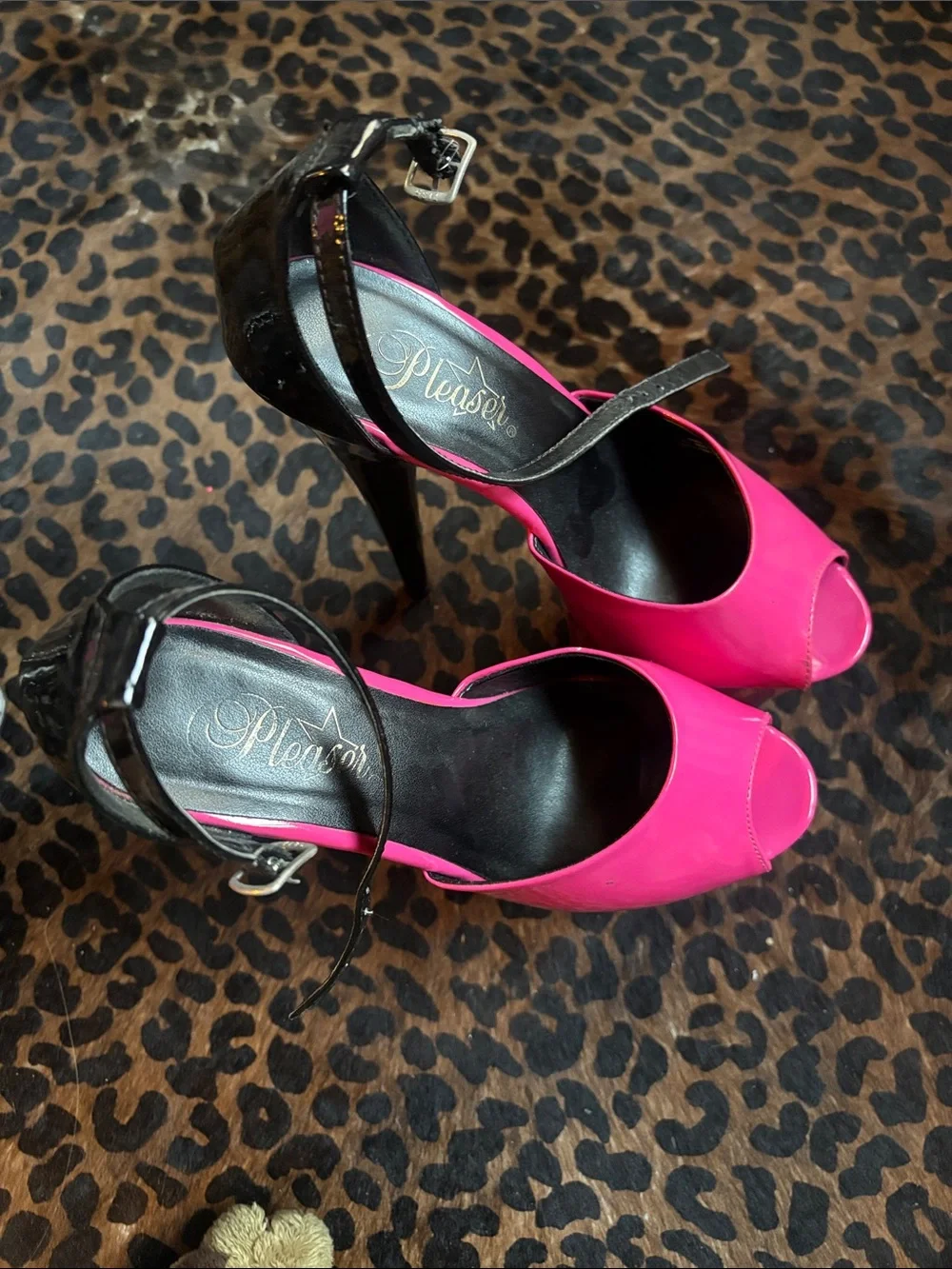 Pleaser Platform Peep-Toe Heels in Hot Pink with Black Ankle Strap 8 Inch